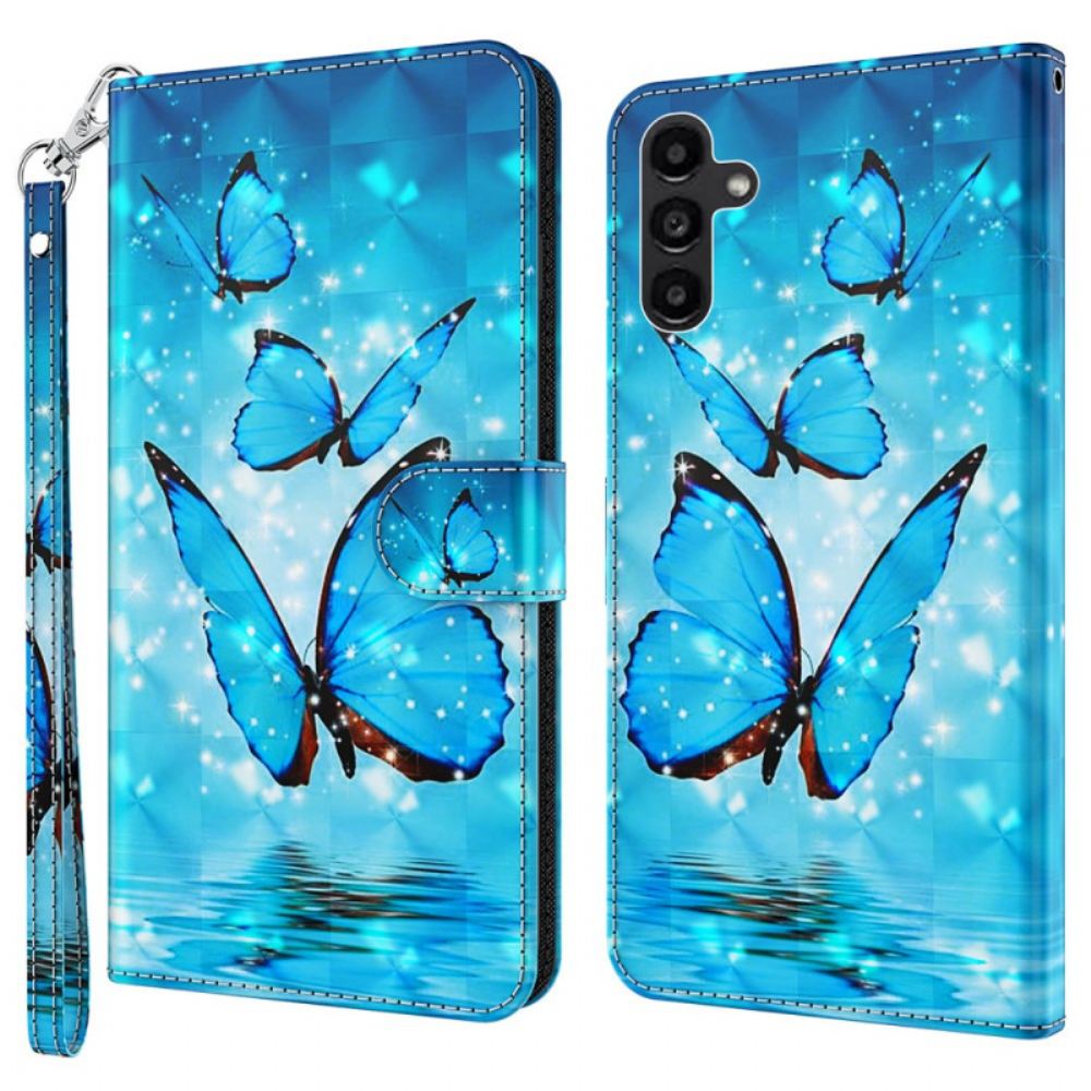 Kožený Kryt Samsung Galaxy A55 5g Modrí Motýli S Popruhem