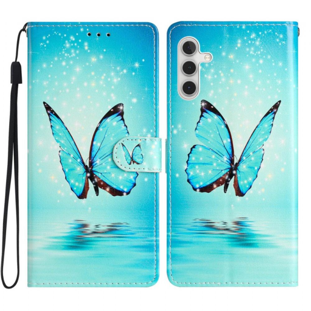 Kožený Kryt Samsung Galaxy A55 5g Modrý Motýl S Řemínkem
