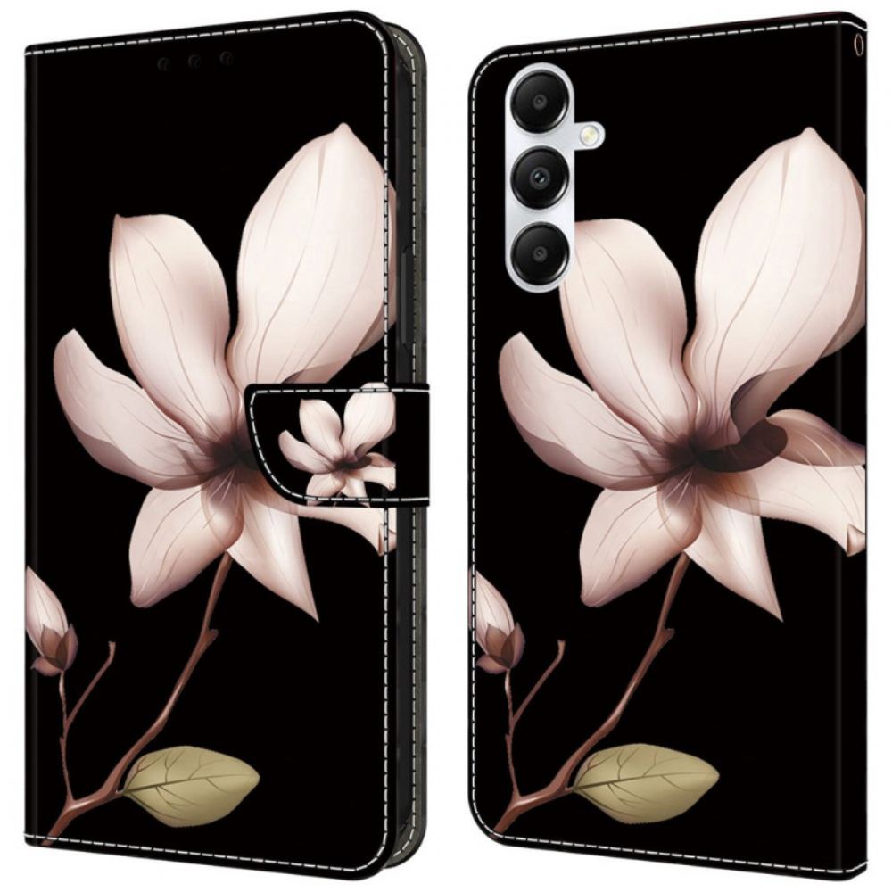 Kožený Kryt Samsung Galaxy A55 5g Růžové Květy Na Černém Pozadí