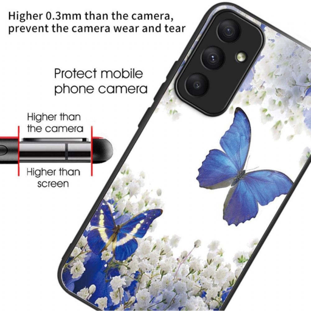 Kryt Samsung Galaxy A55 5g Modrí Motýli Z Tvrzeného Skla