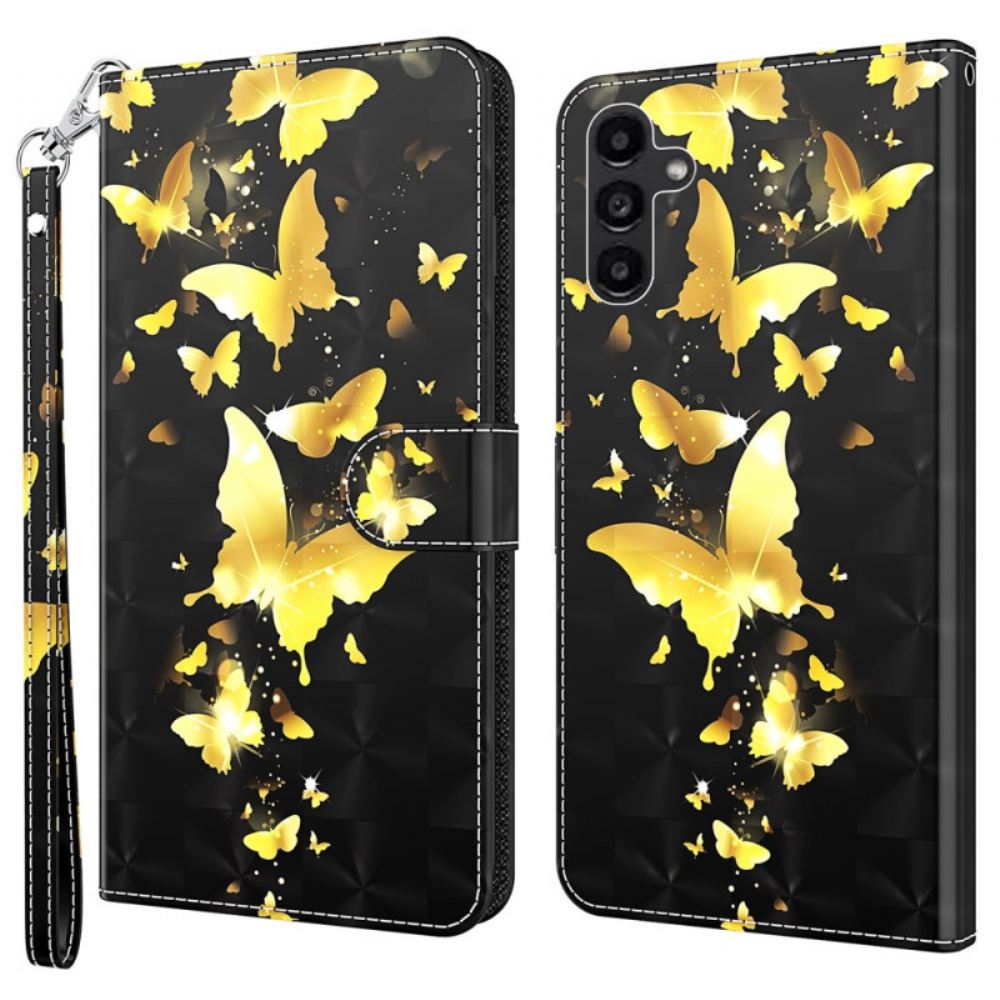 Peněženková Pouzdra Samsung Galaxy A55 5g Kryty Na Mobil Zlatí Motýli V Letu S Popruhem