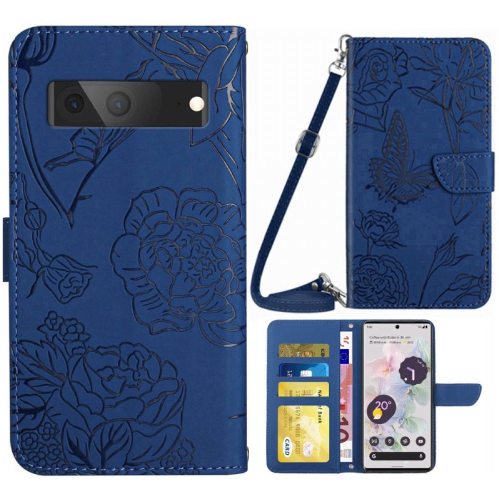 Flipové Pouzdro Na Google Pixel 7 Motýlci A Popruh Přes Rameno