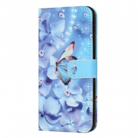 Kožený Kryt Na Xiaomi Redmi Note 13 5g Modré Květiny A Motýl S Popruhem