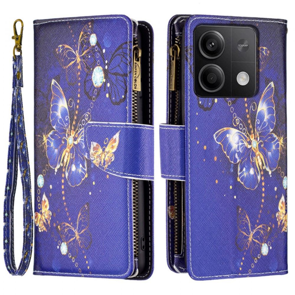 Kožený Kryt Na Xiaomi Redmi Note 13 5g Peněženka Purple Butterflies S Popruhem
