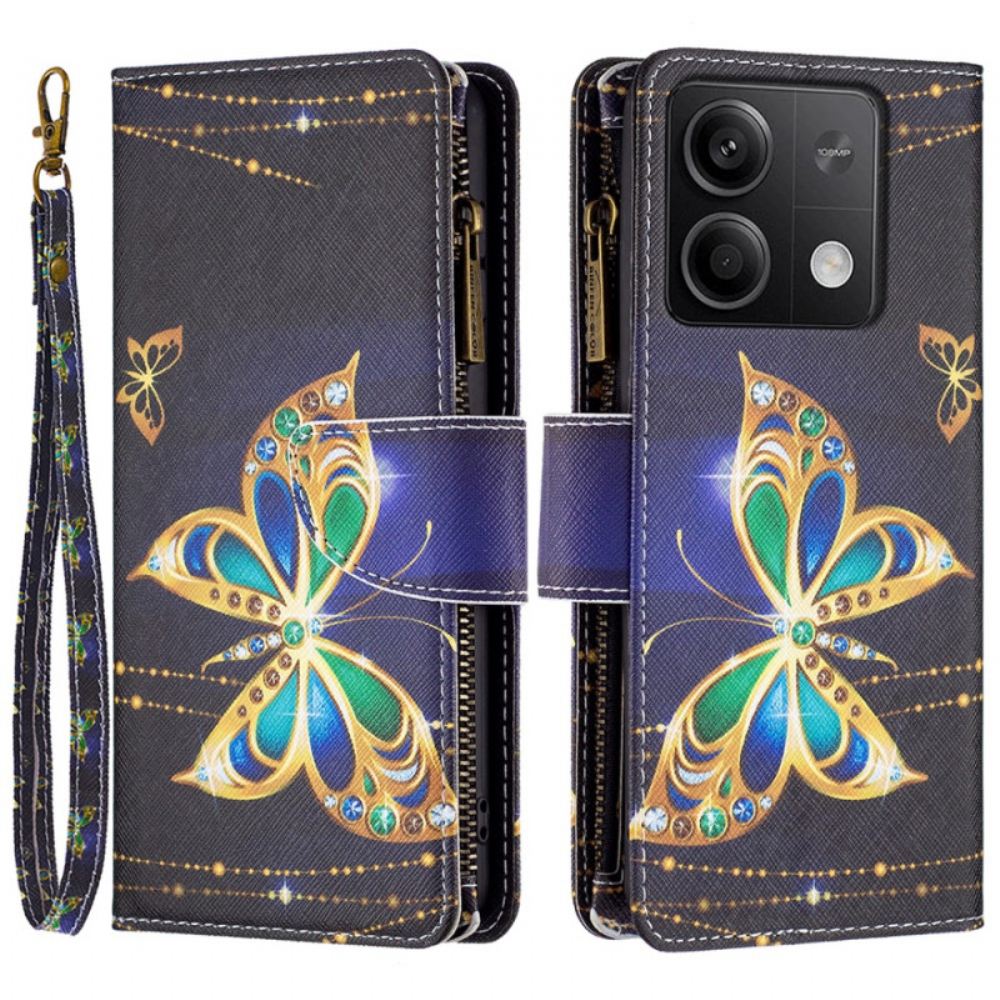 Kožený Kryt Xiaomi Redmi Note 13 5g Štrasová Peněženka Butterfly S Popruhem