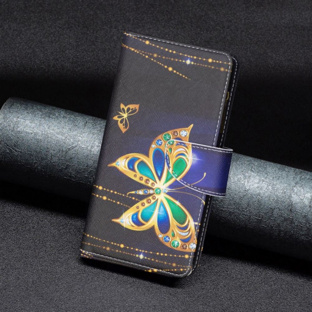 Kožený Kryt Xiaomi Redmi Note 13 5g Štrasová Peněženka Butterfly S Popruhem