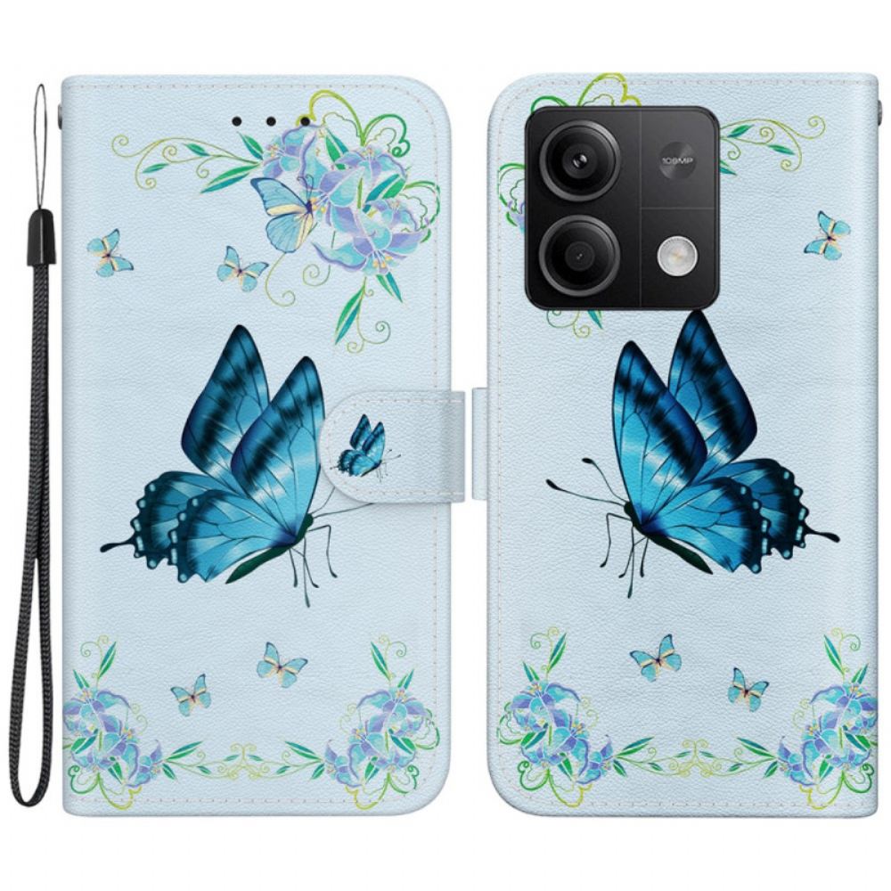 Peněženková Pouzdra Xiaomi Redmi Note 13 5g Kryty Na Mobil Modrí Motýli A Květiny S Popruhem