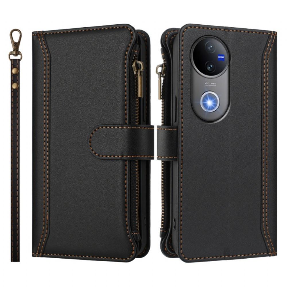 Kožený Kryt Na Vivo V50 5g 9 Přihrádek Na Karty A Poutko Na Zápěstí