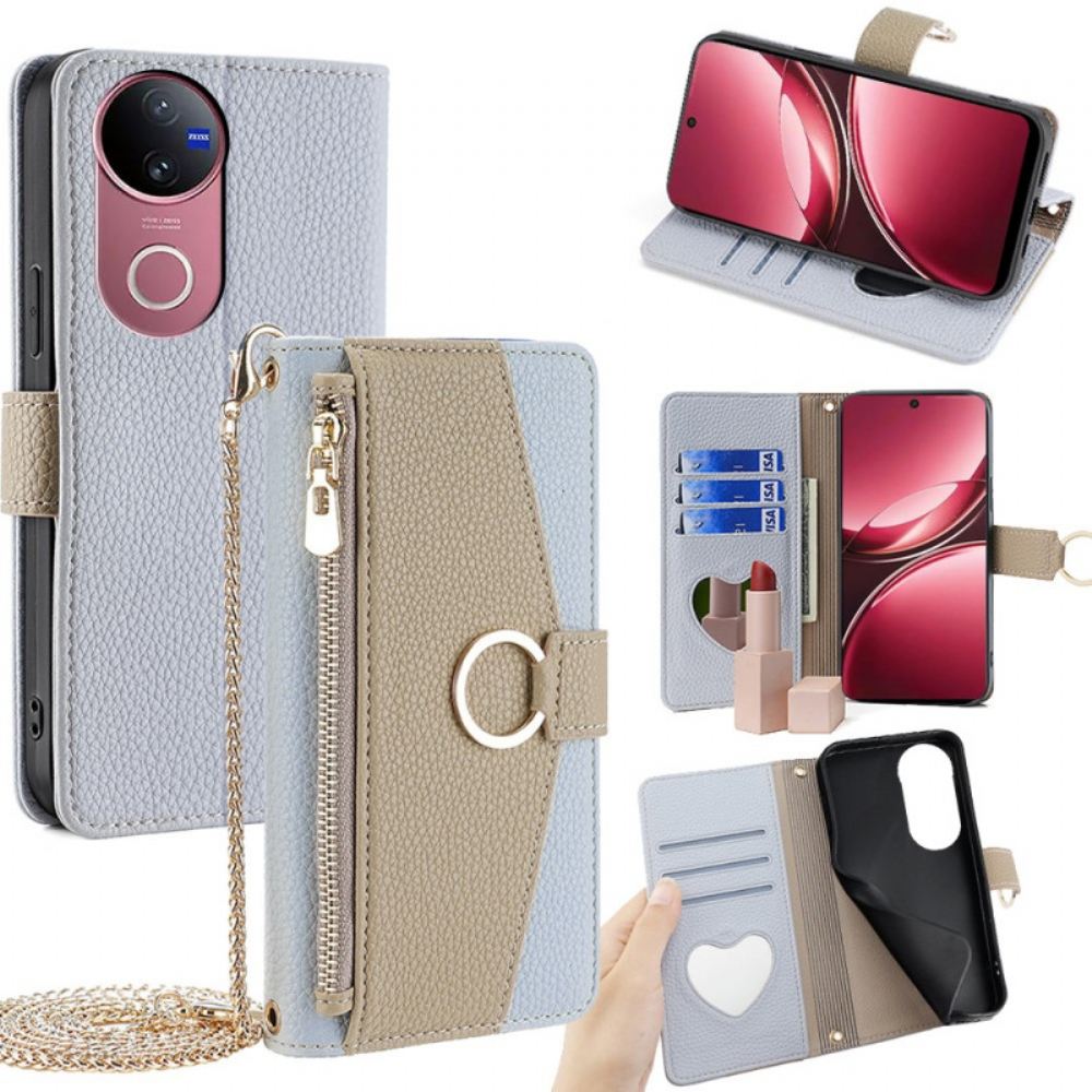 Kožený Kryt Na Vivo V50 5g Zrcadlová Peněženka A Řetízek
