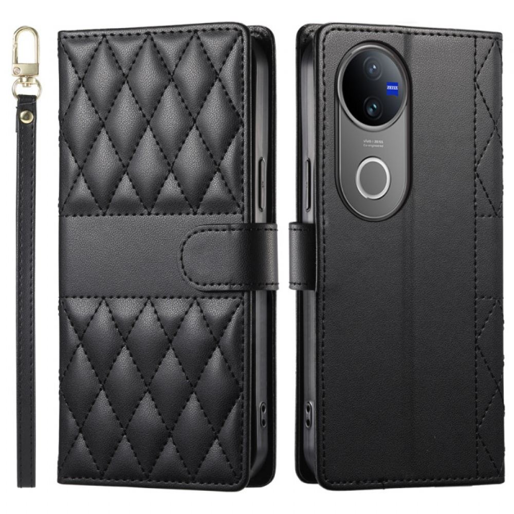 Peněženková Pouzdra Vivo V50 5g Kryty Na Mobil Prošívané S Popruhem A Ramenním Popruhem