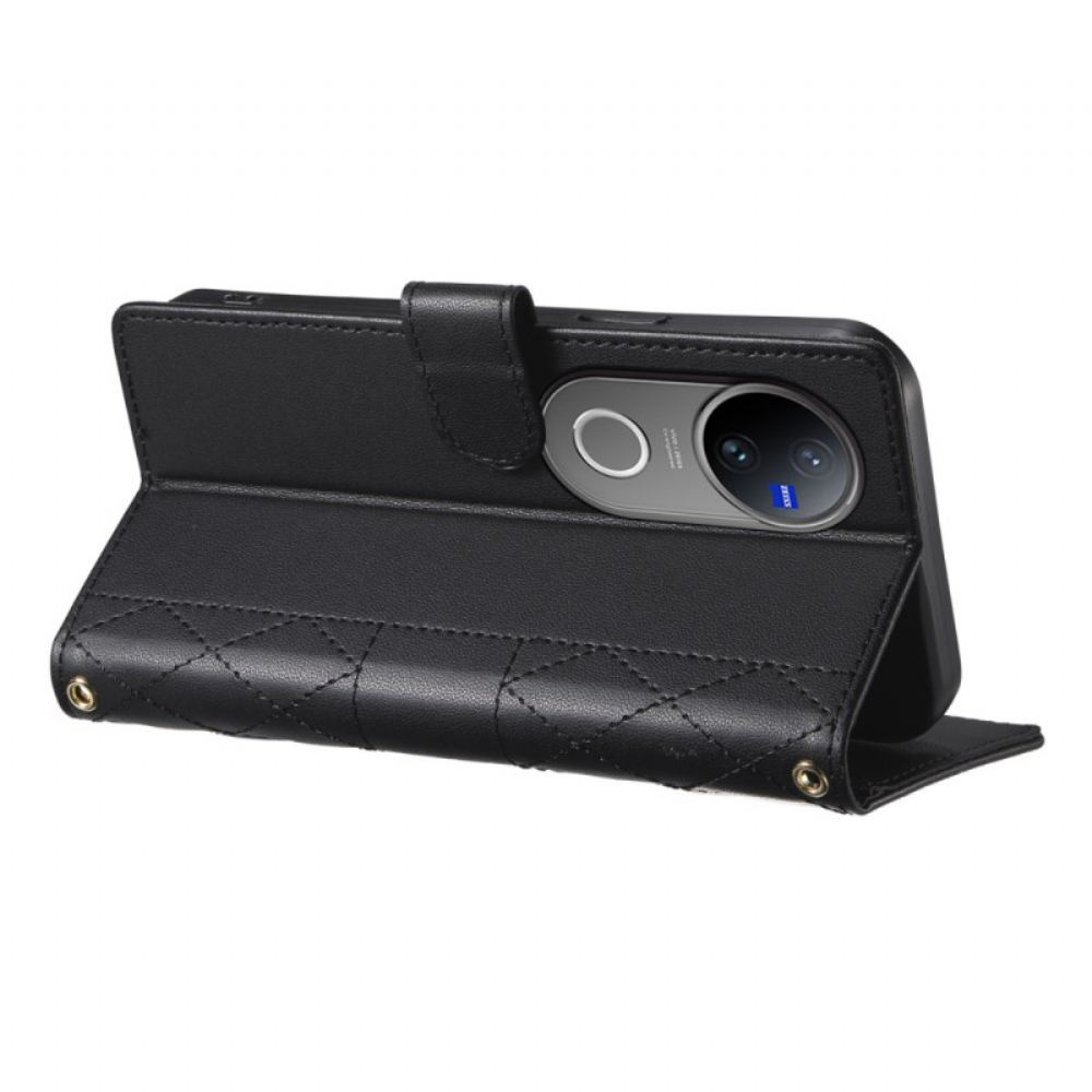 Peněženková Pouzdra Vivo V50 5g Kryty Na Mobil Prošívané S Popruhem A Ramenním Popruhem