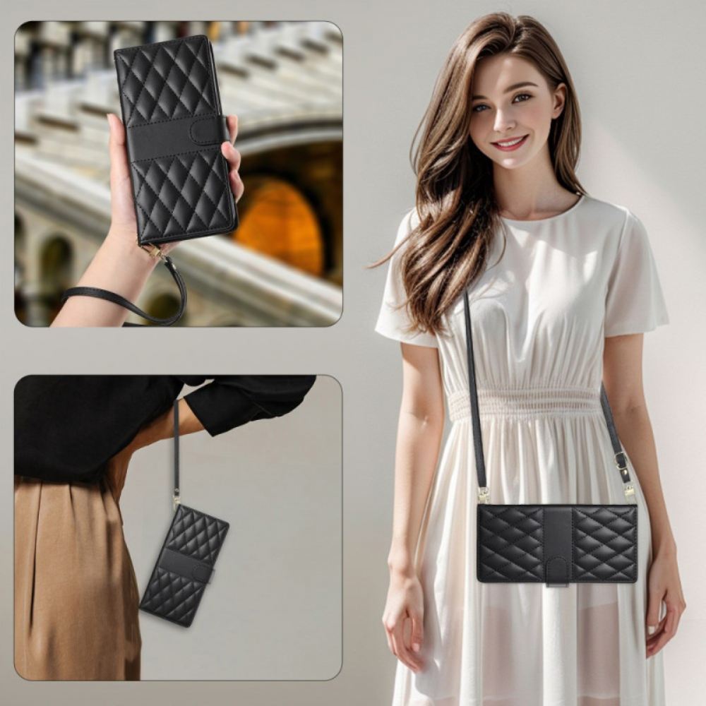 Peněženková Pouzdra Vivo V50 5g Kryty Na Mobil Prošívané S Popruhem A Ramenním Popruhem