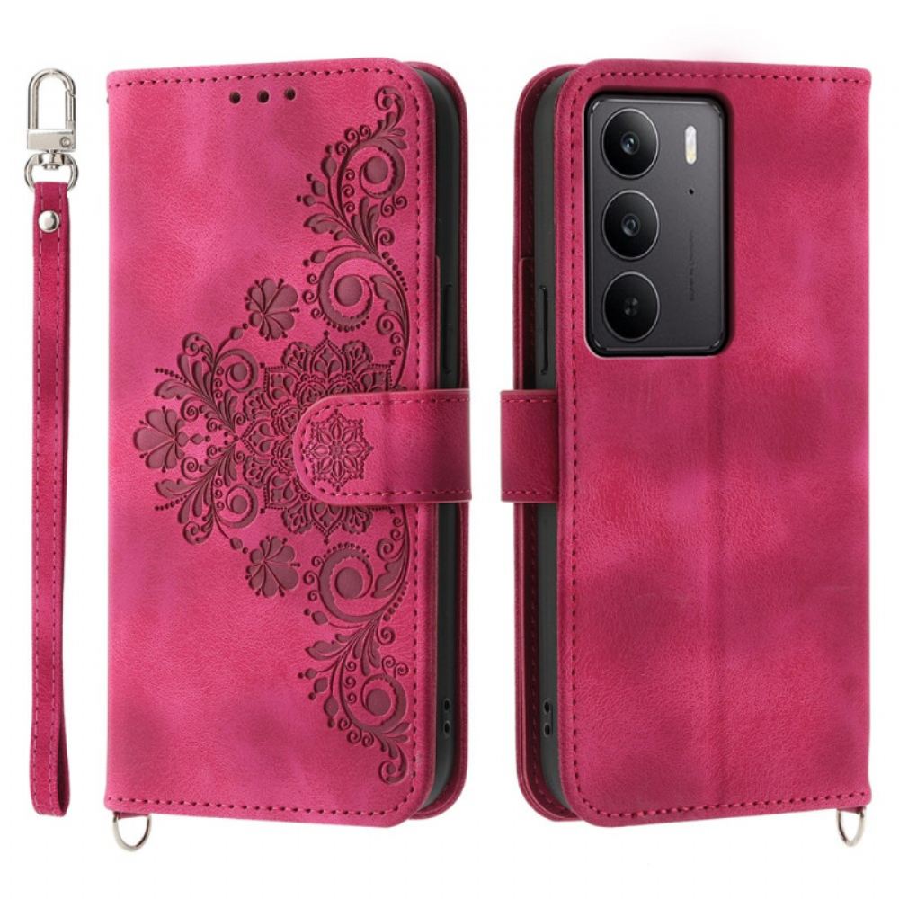 Kožený Kryt Realme C75 Semišový Krajkový Efekt S Popruhem A Ramenním Popruhem