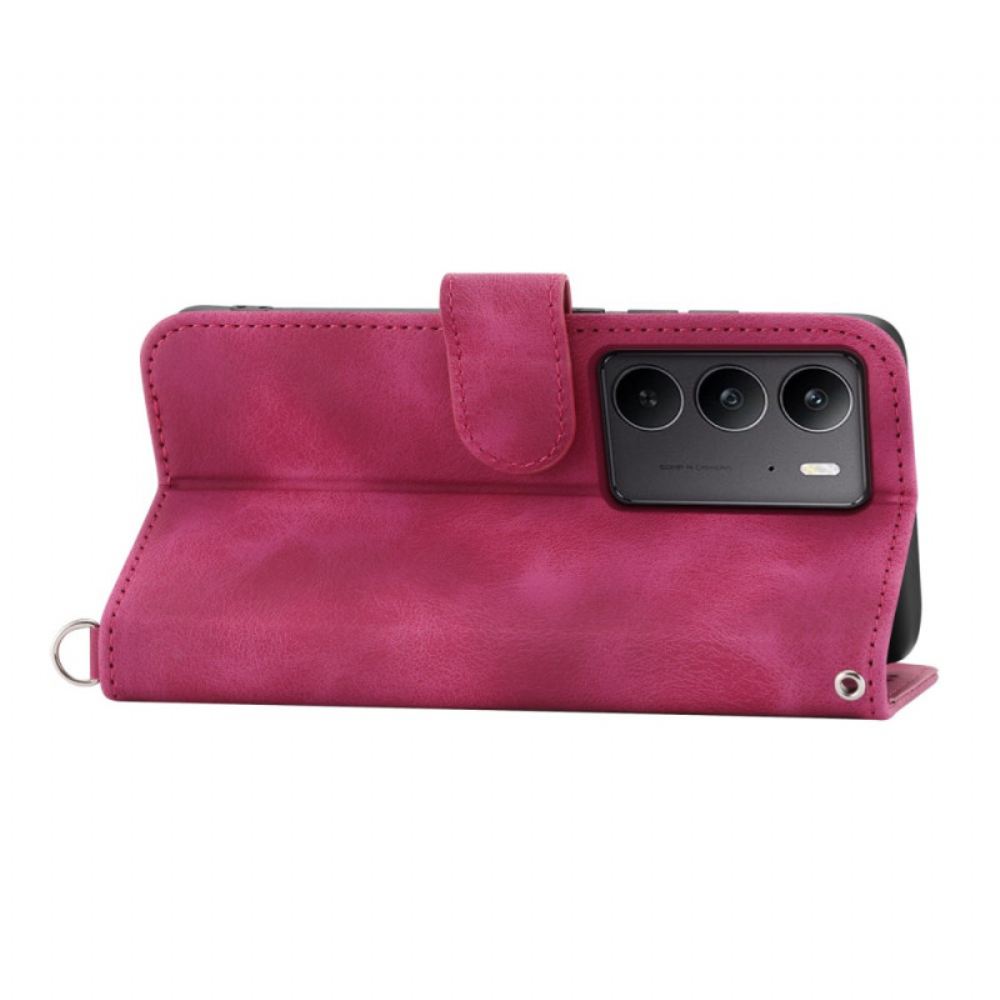 Kožený Kryt Realme C75 Semišový Krajkový Efekt S Popruhem A Ramenním Popruhem