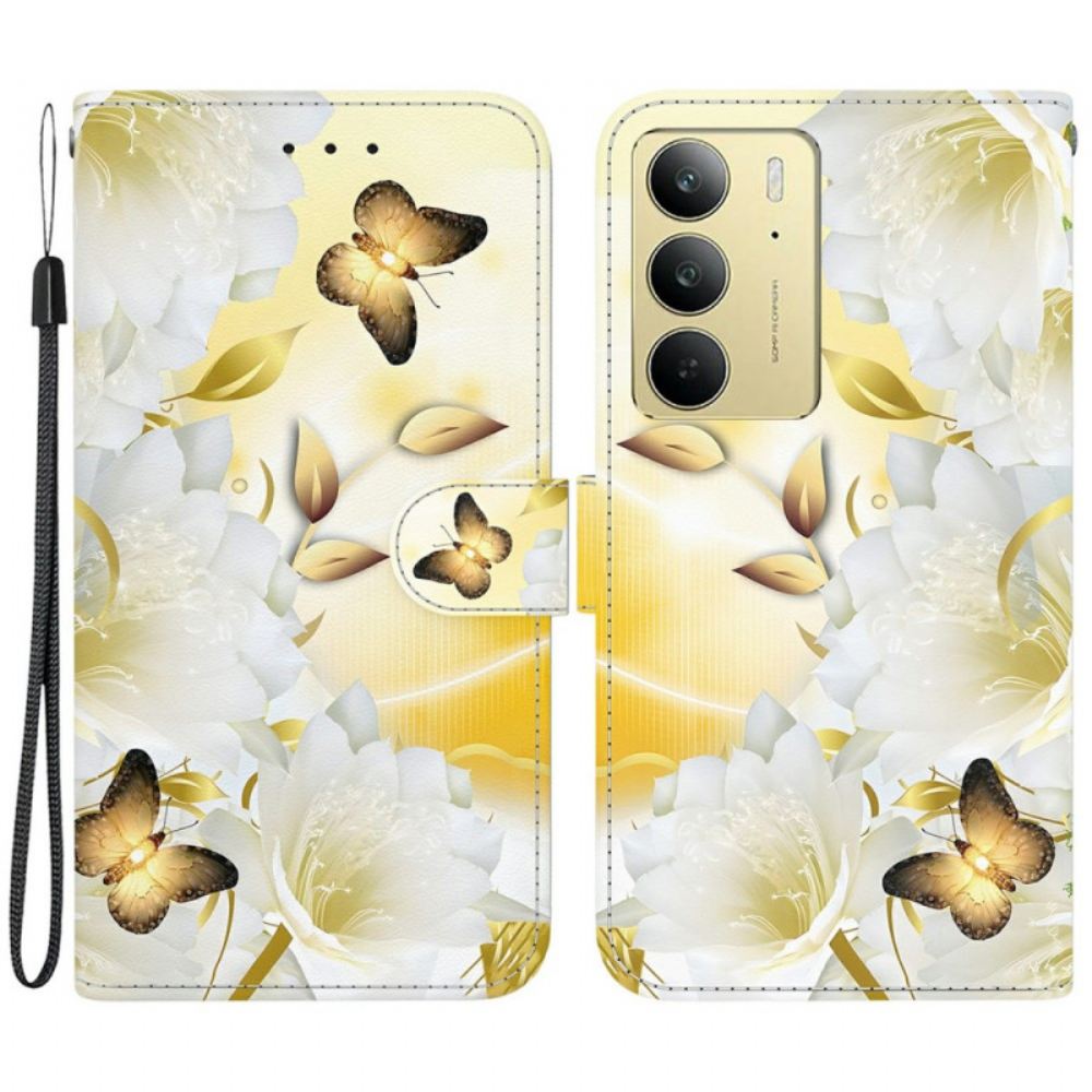 Kožený Kryt Realme C75 Zlatí Motýli A Bílé Květy