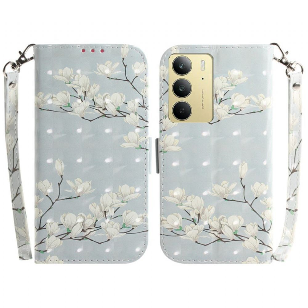 Kožený Kryt Realme C75 Šňůrka Na Krk S Magnóliemi