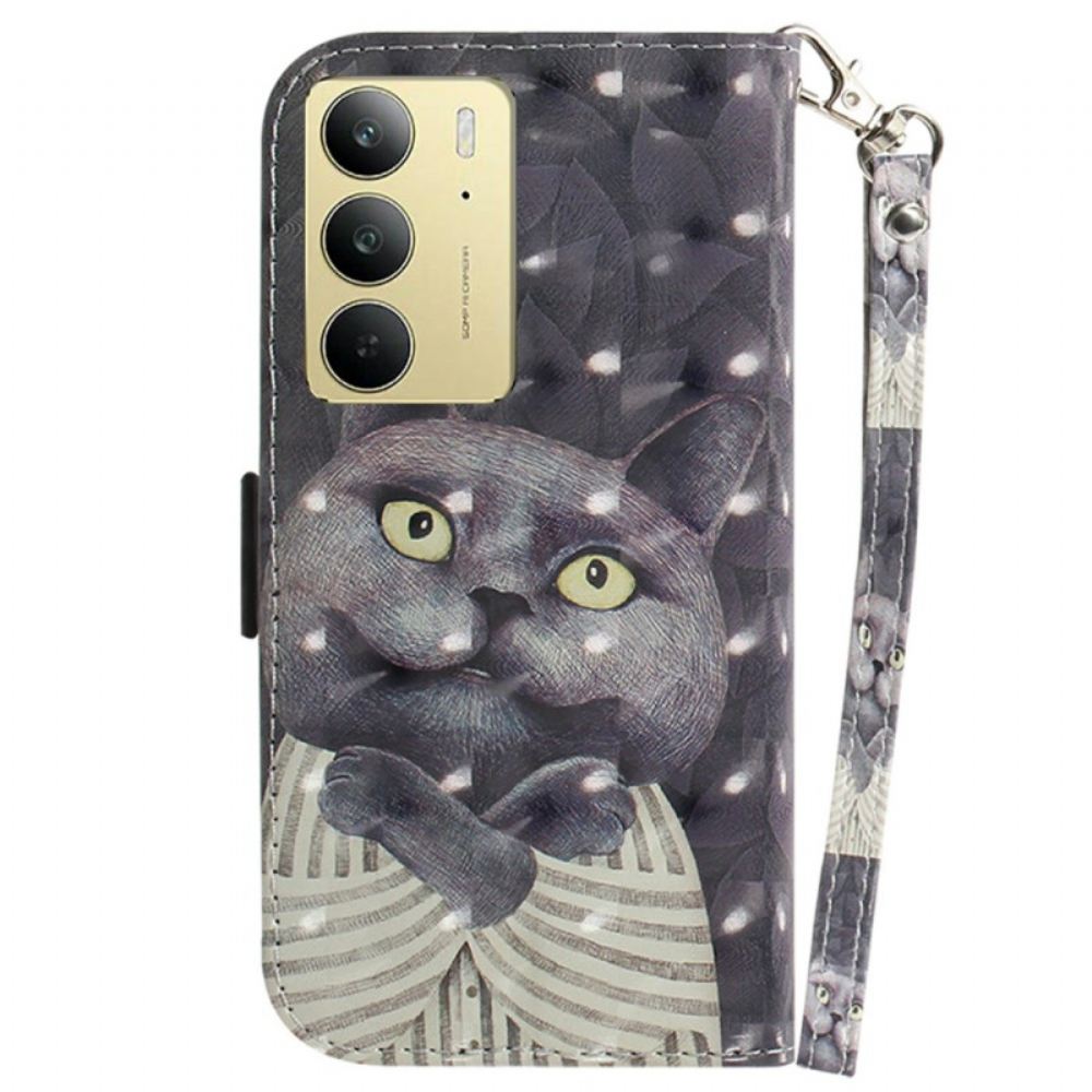 Peněženková Pouzdra Realme C75 Šňůrka Na Krk S Šedou Kočkou
