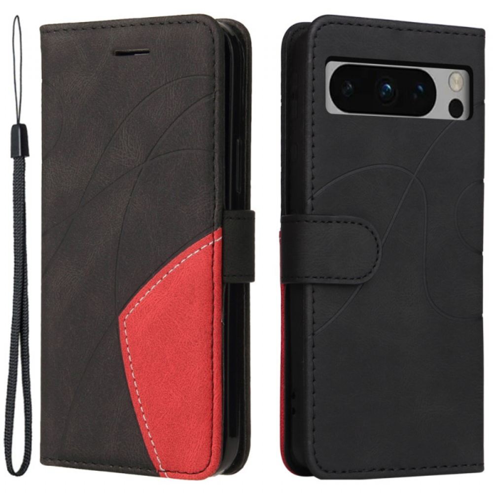 Kožený Kryt Google Pixel 8 Pro Dvoubarevný S Popruhem