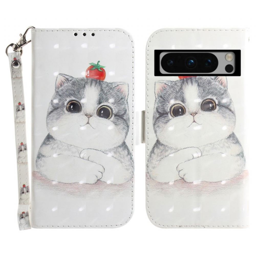Kožený Kryt Google Pixel 8 Pro Grafická Kočka Se Šňůrkou