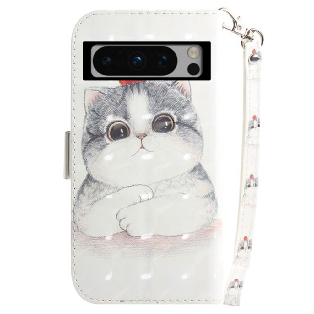 Kožený Kryt Google Pixel 8 Pro Grafická Kočka Se Šňůrkou