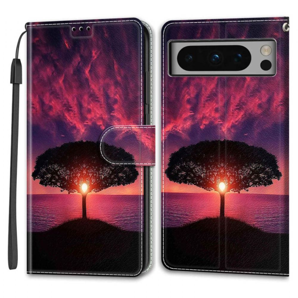 Kožený Kryt Google Pixel 8 Pro Kouzelná Krajina S Popruhem