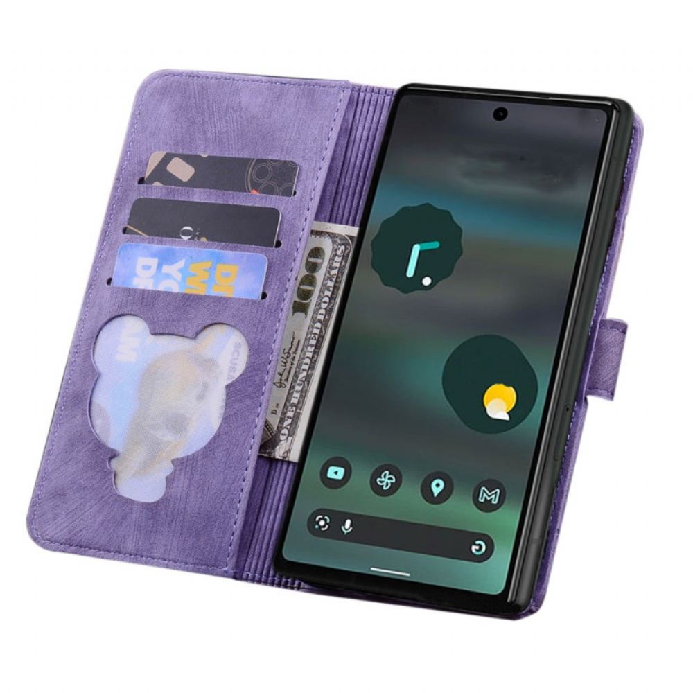 Kožený Kryt Google Pixel 8 Pro Květinová Kočka S Popruhem