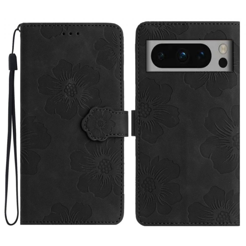 Kožený Kryt Google Pixel 8 Pro Květiny Se Šňůrkou