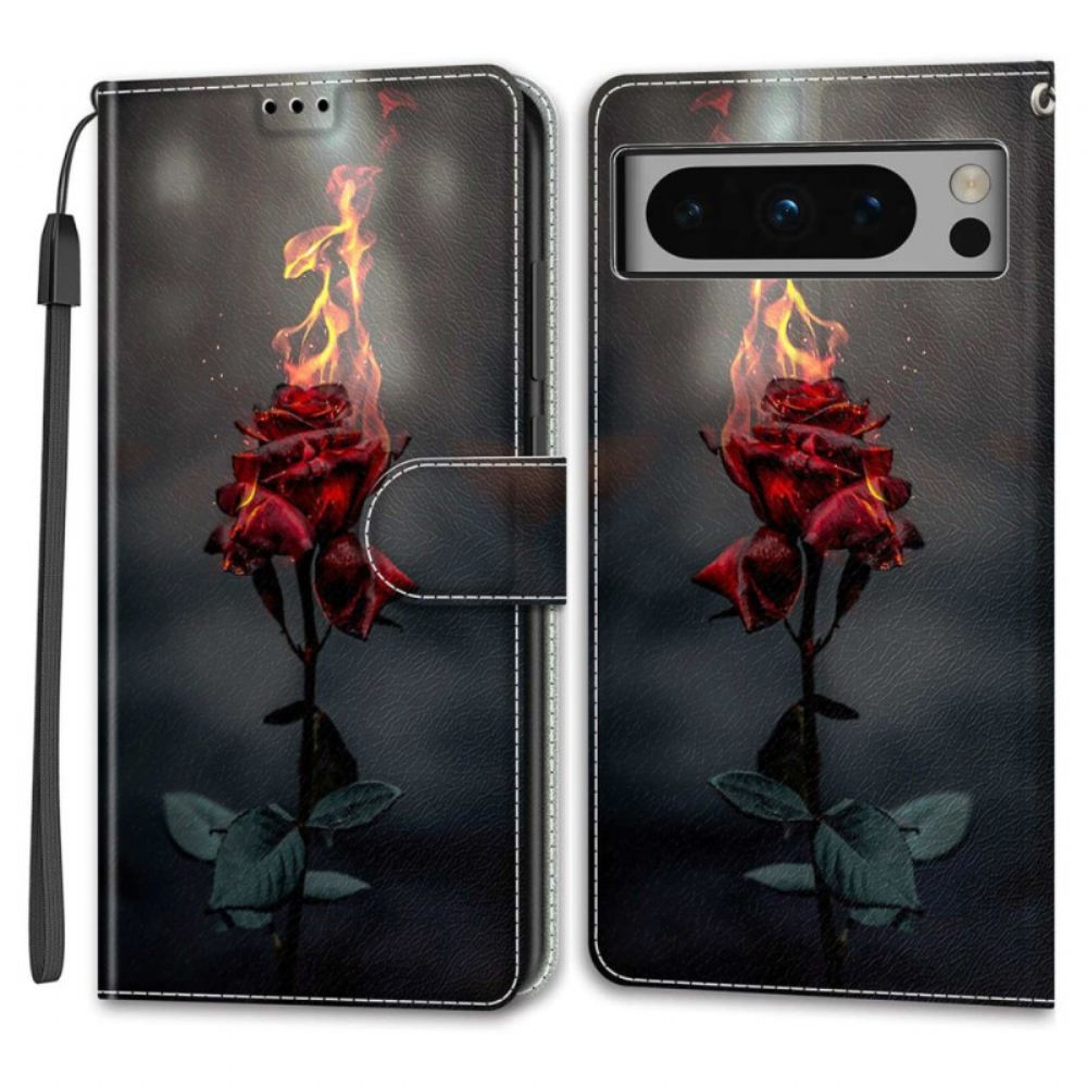 Kožený Kryt Google Pixel 8 Pro Růže V Ohni S Popruhem