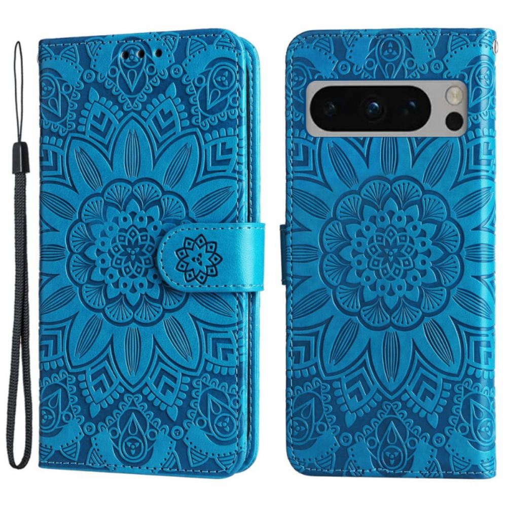 Kožený Kryt Google Pixel 8 Pro Sluneční Mandala S Lanyardem