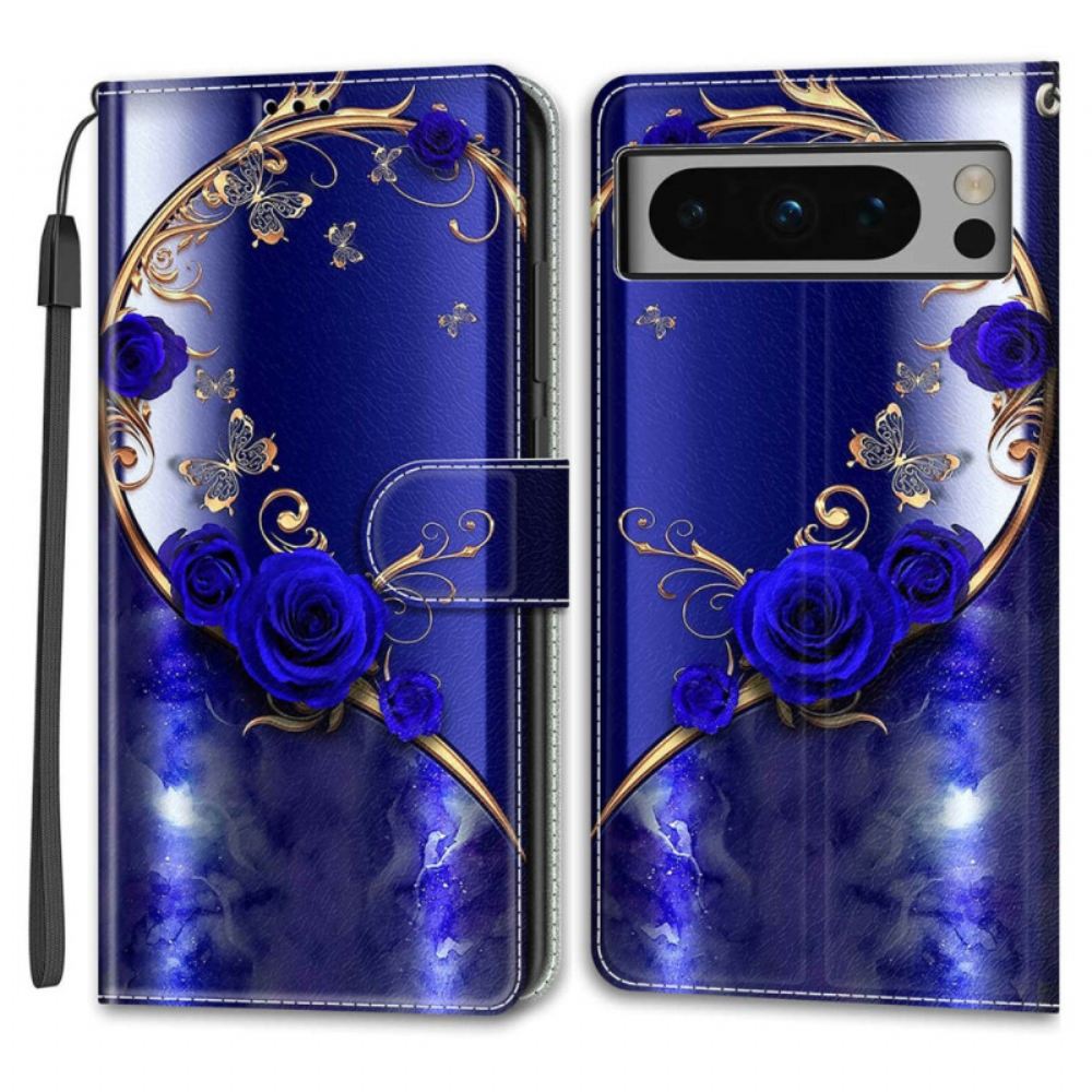 Kožený Kryt Google Pixel 8 Pro Vzácní Motýli S Popruhem