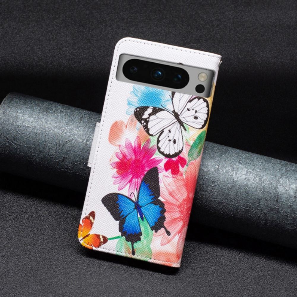 Kožený Kryt Na Google Pixel 8 Pro Akvareloví Motýli
