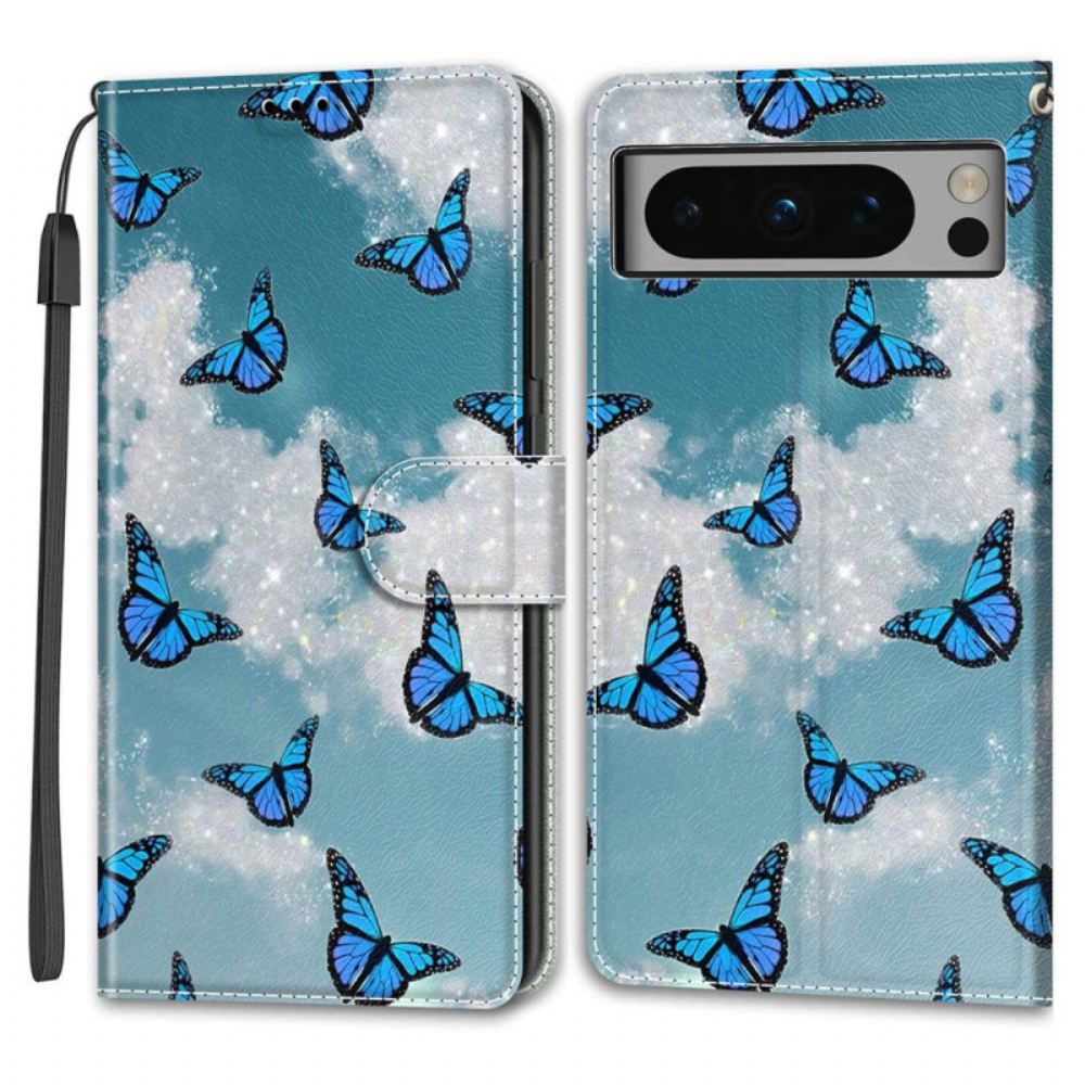 Kožený Kryt Na Google Pixel 8 Pro Motýli V Letu S Popruhem