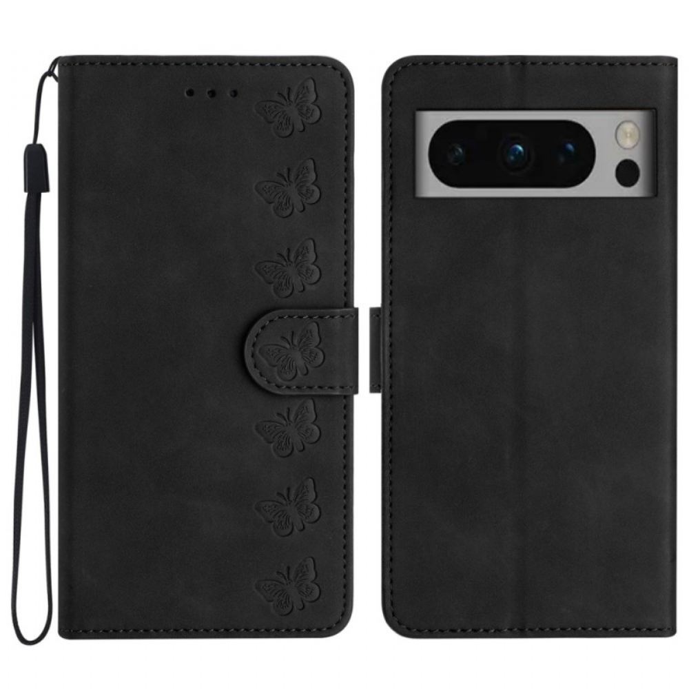 Kožený Kryt Na Google Pixel 8 Pro Motýlí Vlys S Popruhem