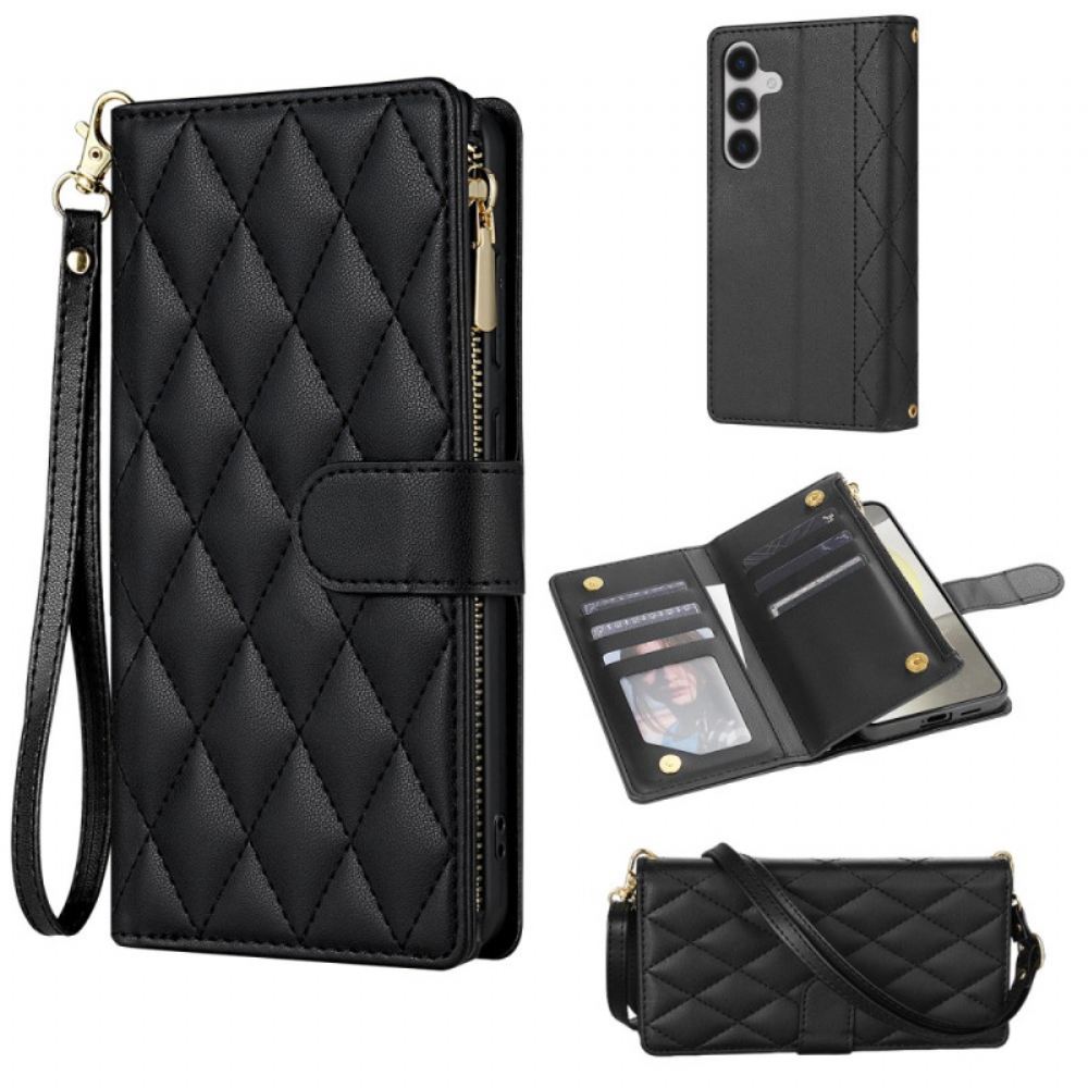 Kožený Kryt Na Samsung Galaxy S26 Prošívaná S Nastavitelným Ramenním Popruhem