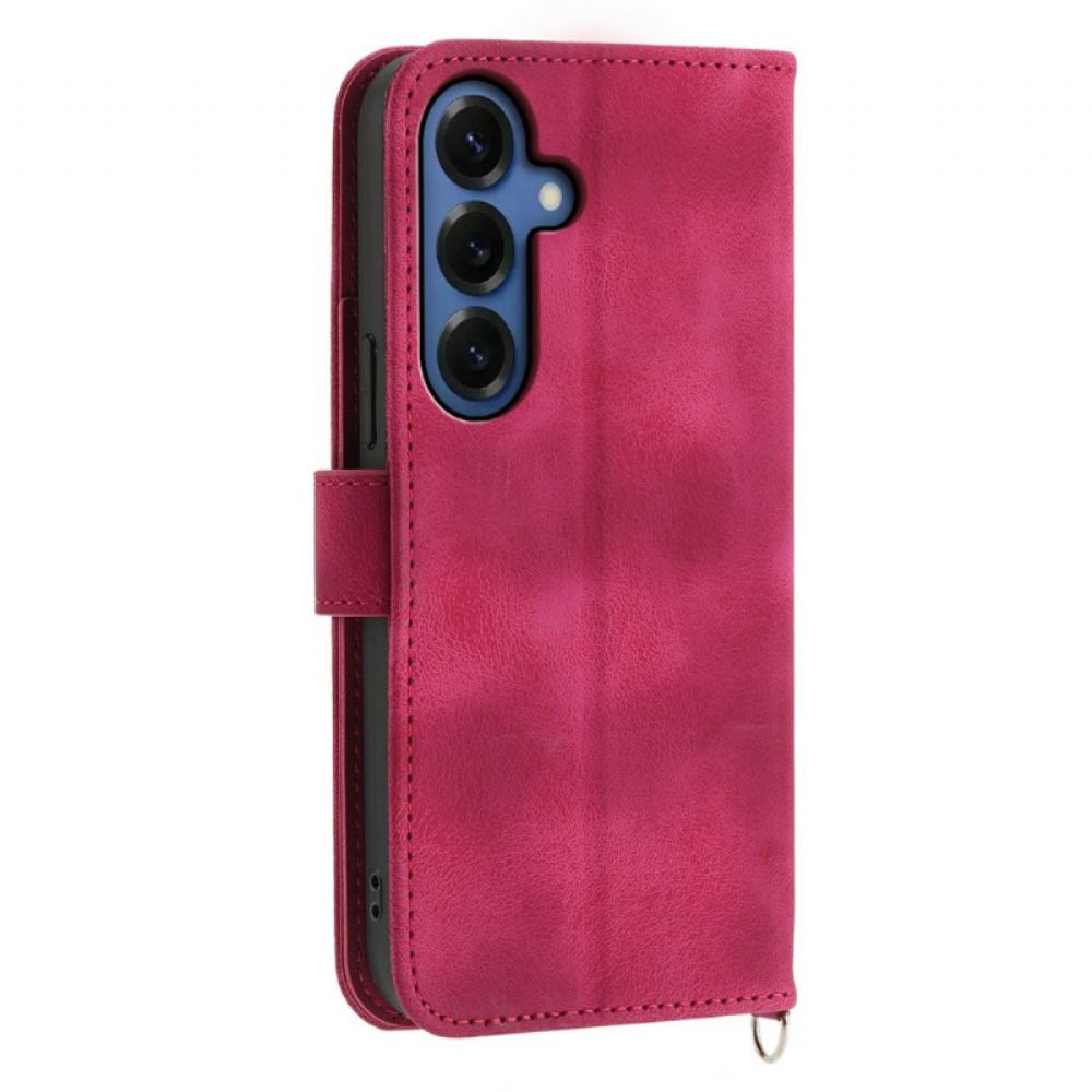 Kožený Kryt Samsung Galaxy S26 Květinový Semišový Vzor S Popruhy