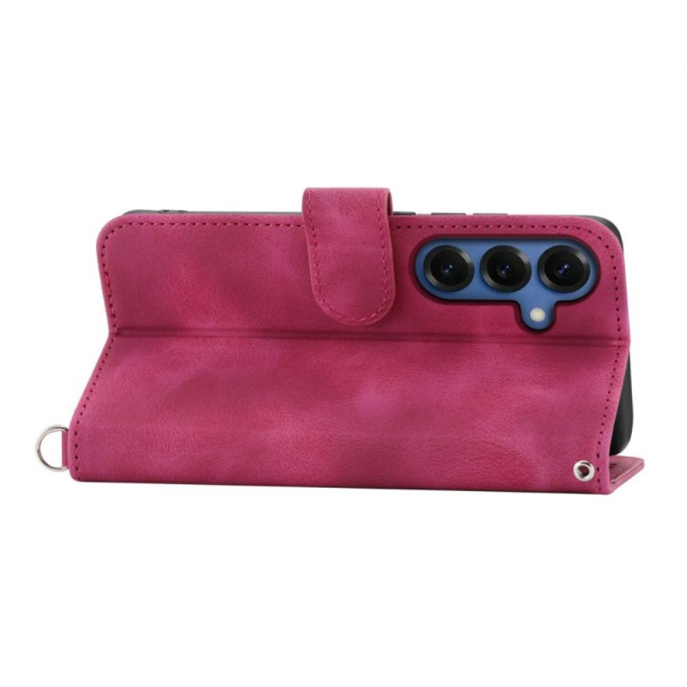 Kožený Kryt Samsung Galaxy S26 Květinový Semišový Vzor S Popruhy