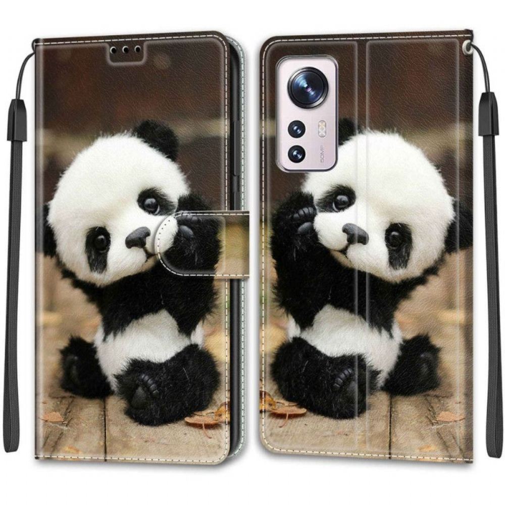 Flipové Pouzdro Na Xiaomi 12 / 12X Na Lana Malá Panda S Popruhem