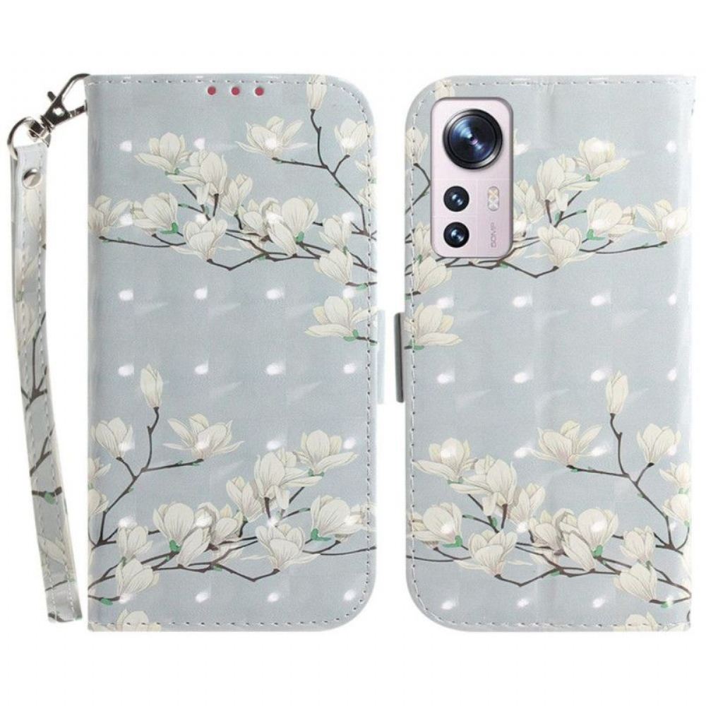 Flipové Pouzdro Na Xiaomi 12 / 12X Na Lana Strappy Bílé Květy