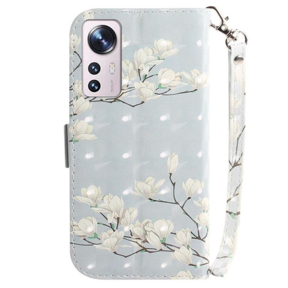 Flipové Pouzdro Na Xiaomi 12 / 12X Na Lana Strappy Bílé Květy