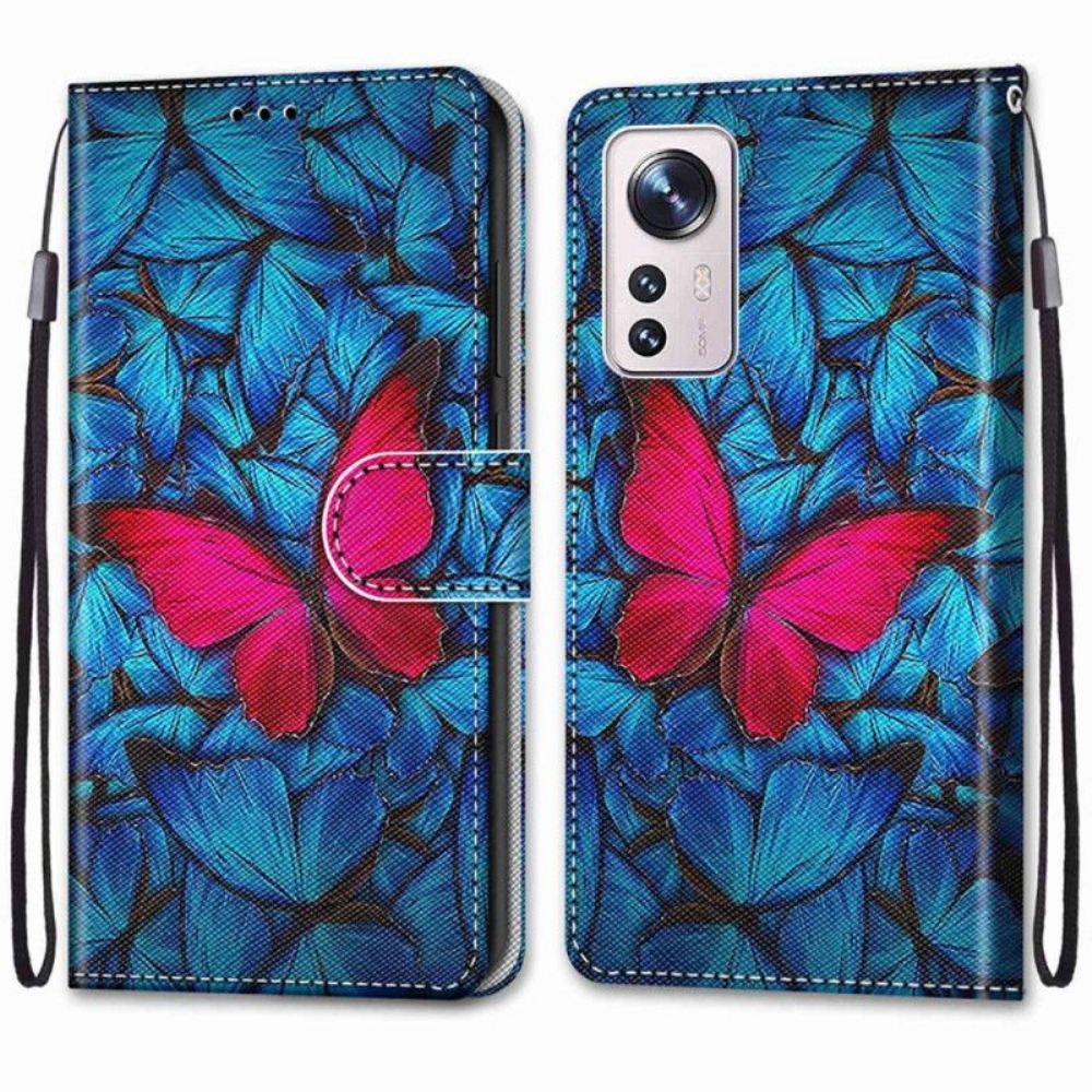 Flipové Pouzdro Na Xiaomi 12 / 12X Na Lana Červený Motýl S Popruhem