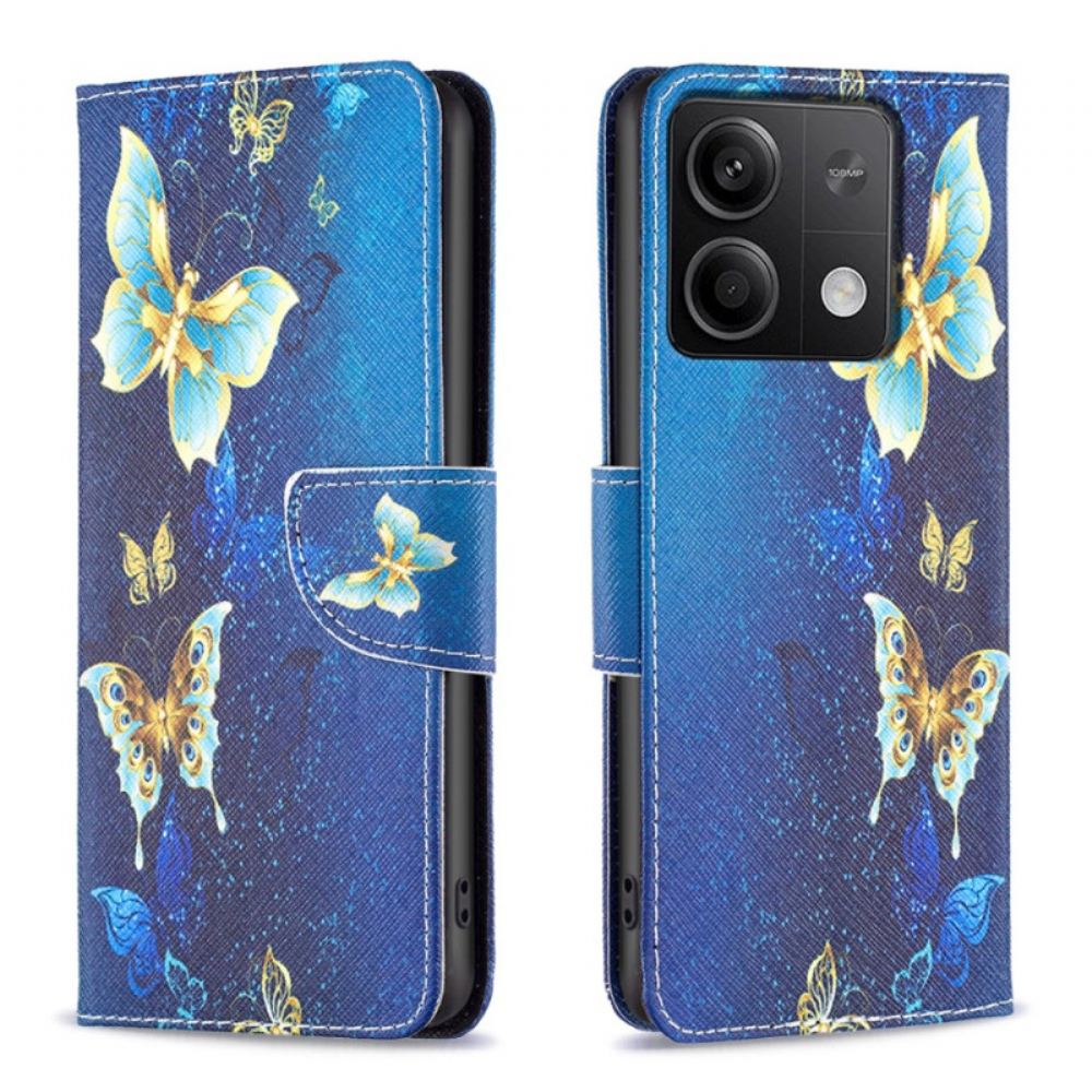 Kožený Kryt Na Xiaomi Redmi Note 13 4g Zlatí Motýli Na Modrém Pozadí
