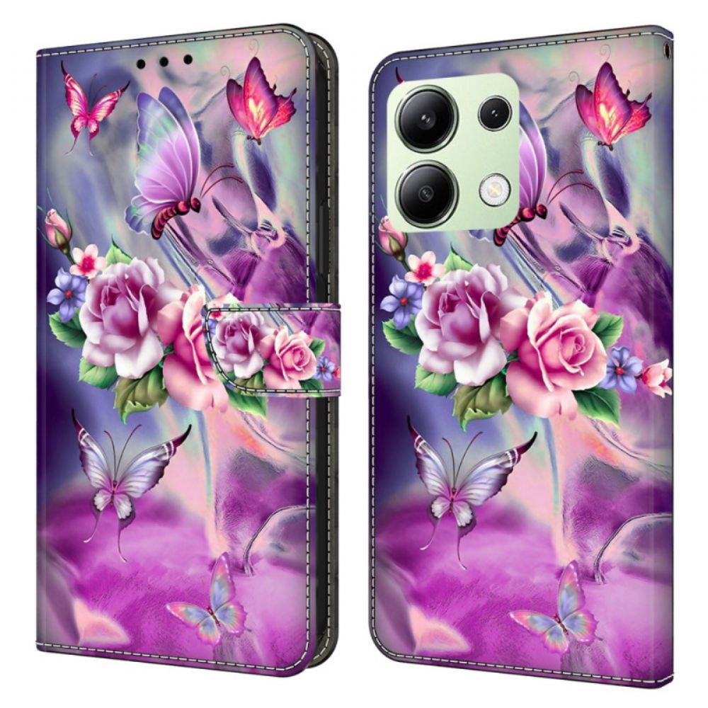 Kožený Kryt Xiaomi Redmi Note 13 4g Motýli A Fialové Květy