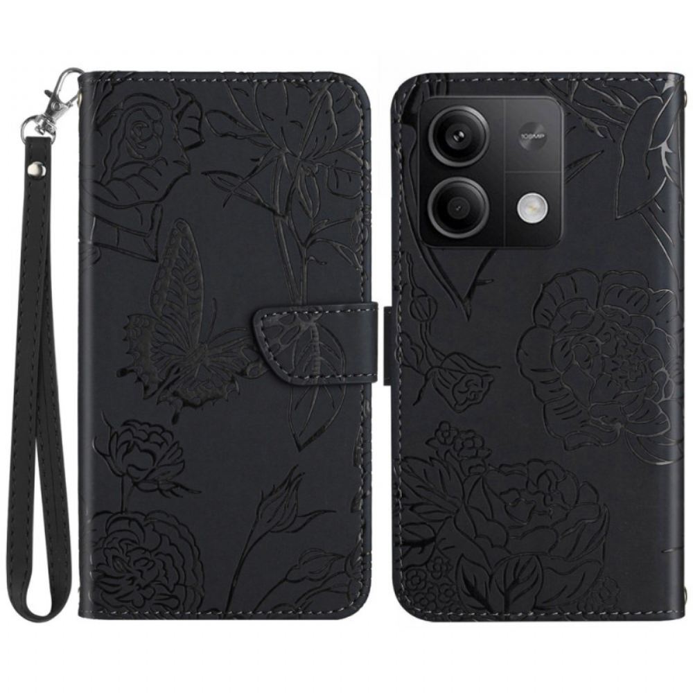 Kožený Kryt Xiaomi Redmi Note 13 4g Potisk Motýlů S Páskem