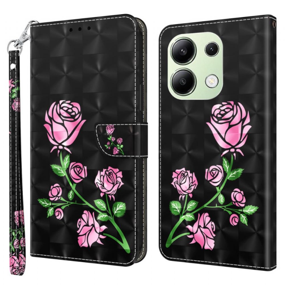 Kožený Kryt Xiaomi Redmi Note 13 4g Růžové Květy S Páskem