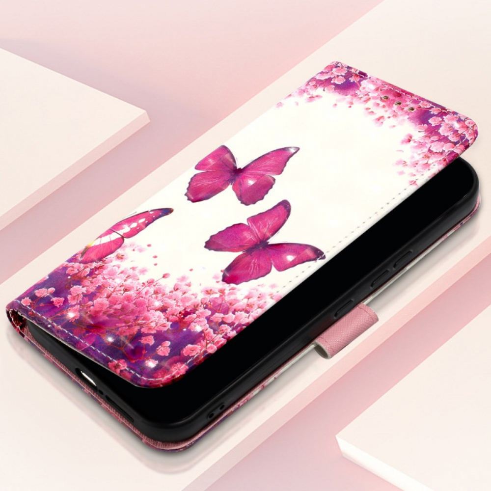 Kožený Kryt Xiaomi Redmi Note 13 4g Růžoví Motýli S Řemínkem