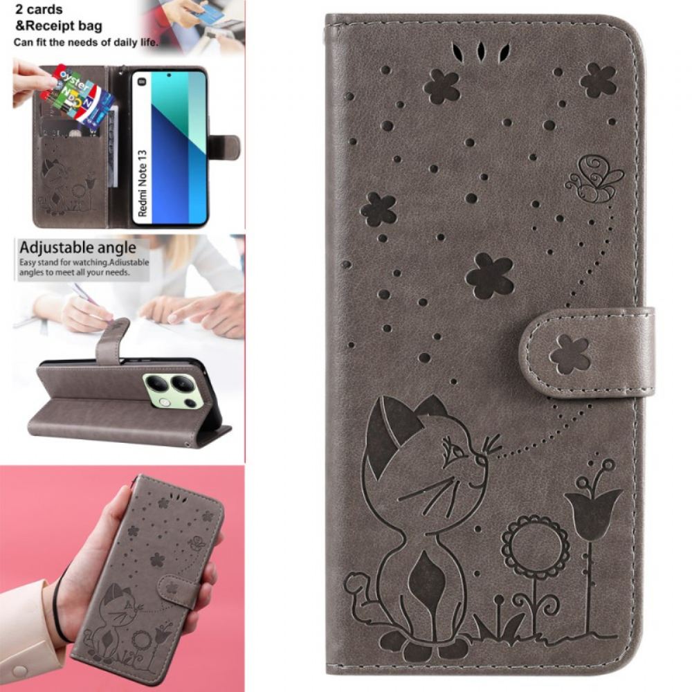 Peněženková Pouzdra Xiaomi Redmi Note 13 4g Kočka A Včely S Popruhem