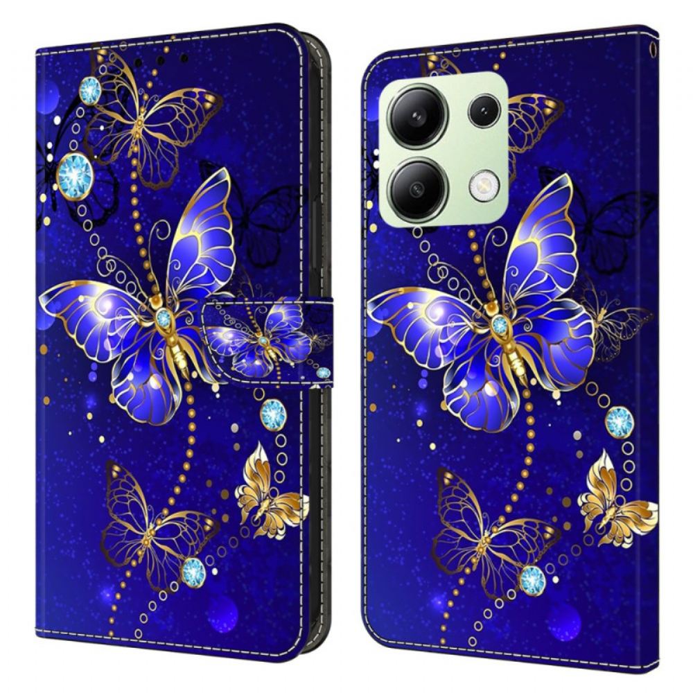 Peněženková Pouzdra Xiaomi Redmi Note 13 4g Kryty Na Mobil Diamantoví Motýli Na Modrém Pozadí