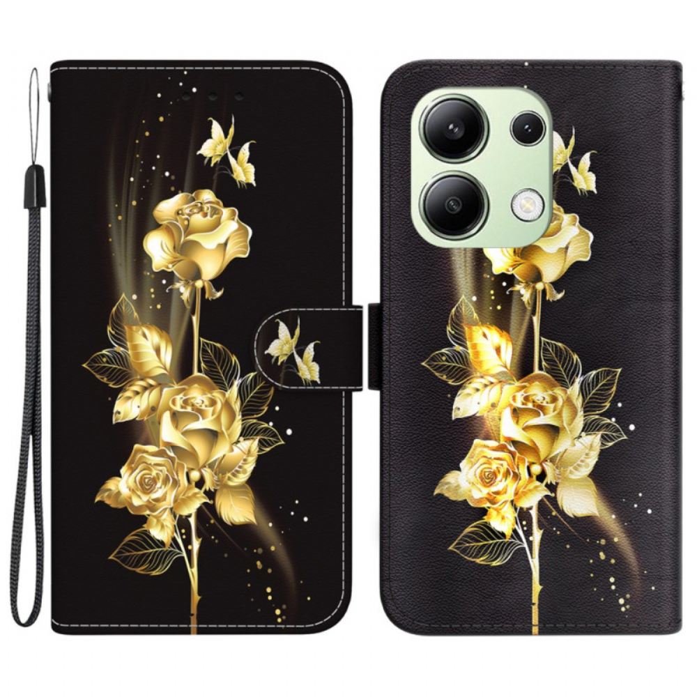 Peněženková Pouzdra Xiaomi Redmi Note 13 4g Kryty Na Mobil Zlatí Motýli A Růže S Popruhem