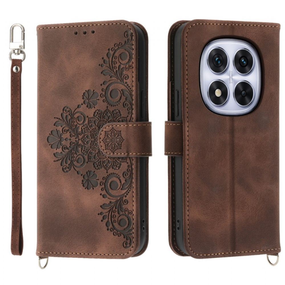 Kožený Kryt Xiaomi Redmi Note 14 Pro 5g Krajkový Vzor S Popruhem A Ramenním Popruhem