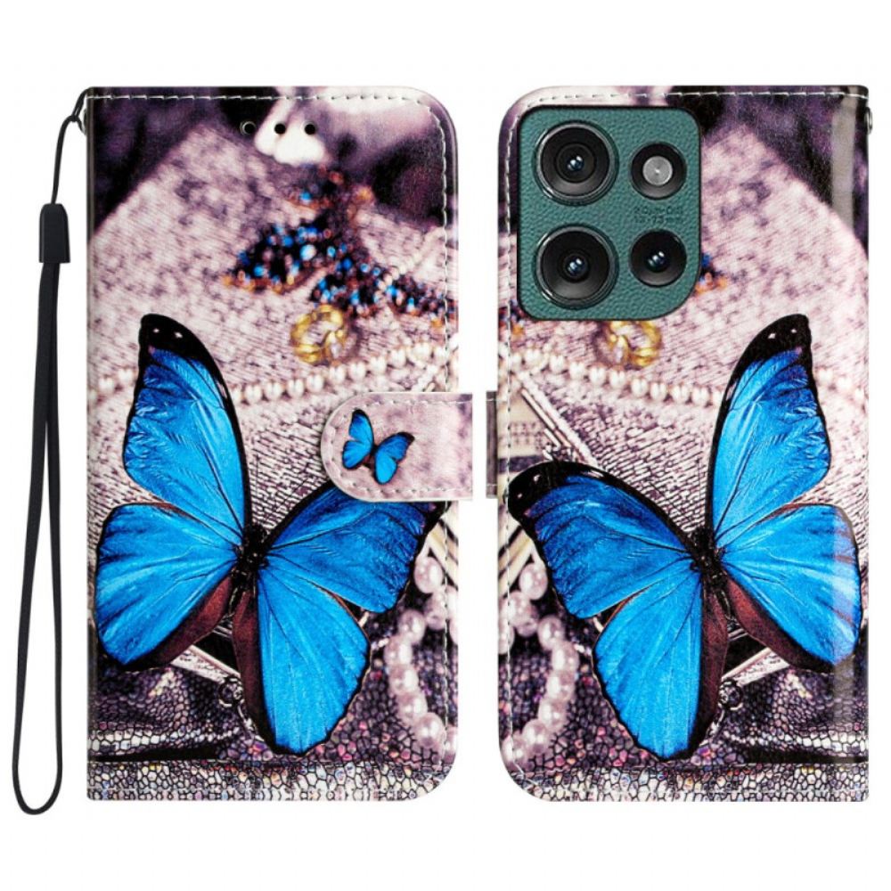 Kožený Kryt Motorola Edge 50 Modrý Motýl S Řemínkem